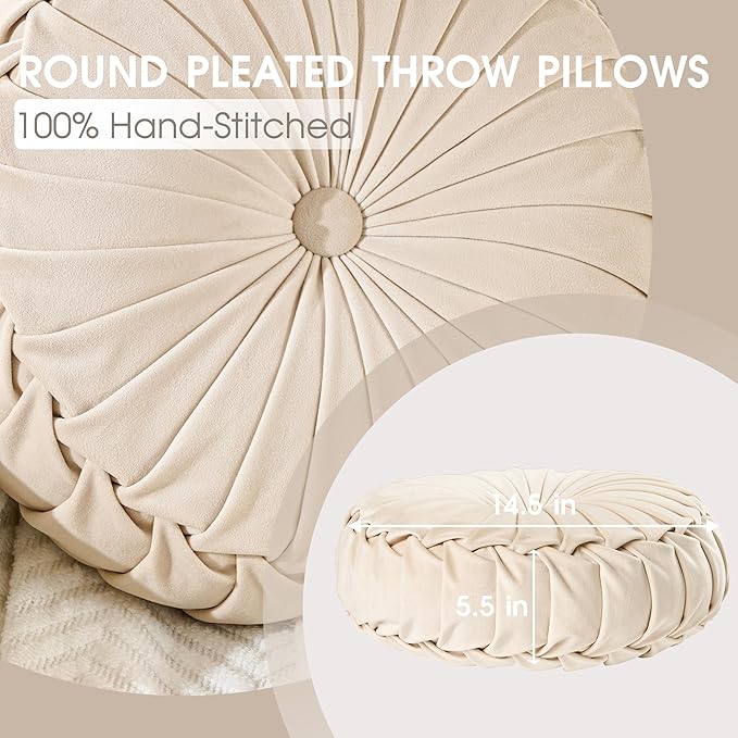 ROSE&RISY Round Pleated Velvet Throw Pillows, 2 Pcs Decorative Accent Pumpkin Pillow Cushion for Couch Sofa Chair Bed Car Home Decor (14.5 Inch, Cream)