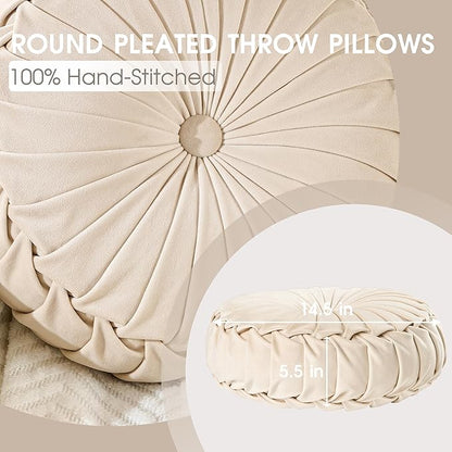 ROSE&RISY Round Pleated Hand-Stitched Velvet Throw Pillow, 1 Pcs Decorative Accent Pumpkin Pillow Cushion for Couch Sofa Chair Bed Car Home Decor (14.5 Inch, Cream)