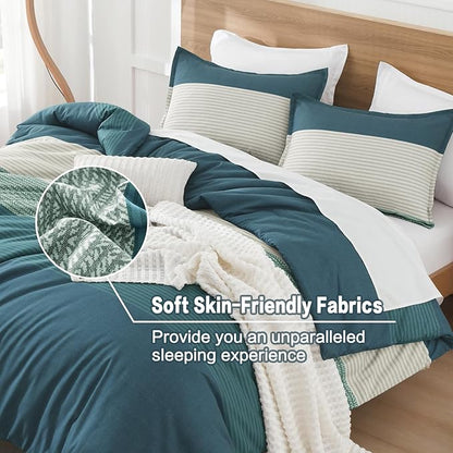 Litanika Comforter Set Full Size Dark Teal - 3 Pieces Lightweight Colorblock Stripe Fluffy Bedding Comforter Sets, All Season Bed Set