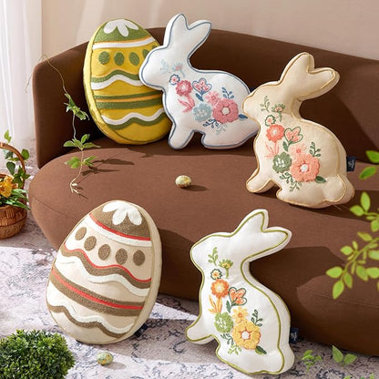 Phantoscope Happy Easter Bunny Shaped Throw Pillow, Embroidered Floral Patterns Cushion Soft Velvet Easter Rabbit Decorative Pillow for Couch Living Room Bed, White,18.5 x 13 inches