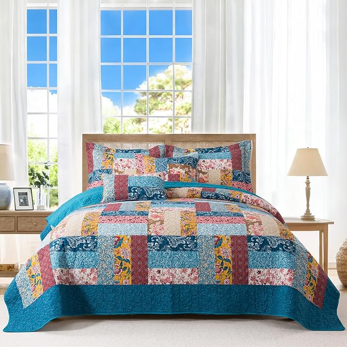 BEDIFANY Cotton King Quilt Set - Modern Farmhouse Bedspread with Vibrant Floral Pattern, 3-Piece Lightweight Coverlet (98x106 Inch) + 2 Pillow Shams, All Seasons Multicolor Quilt Bedding Set