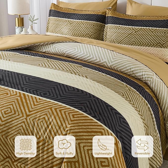 Drucon Brown Comforter Set Queen Size 7 Piece Bed in a Bag, Boho Striped Bedding Set, Soft Microfiber Comforter and Sheet Set for All Season (Queen, 90"x90")