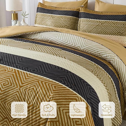 Drucon Brown Comforter Set Queen Size 7 Piece Bed in a Bag, Boho Striped Bedding Set, Soft Microfiber Comforter and Sheet Set for All Season (Queen, 90"x90")
