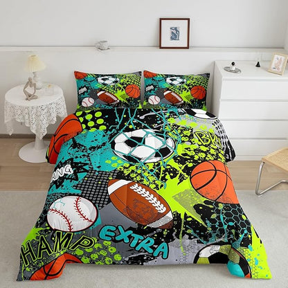 Feelyou Baseball Games Comforter Set King Size Football Comforter for Boys Girls Teens Rugby Sports Bedding Set Basketball Duvet Set Room Decor Teal Bright Green Mixed Ball Quilt Set
