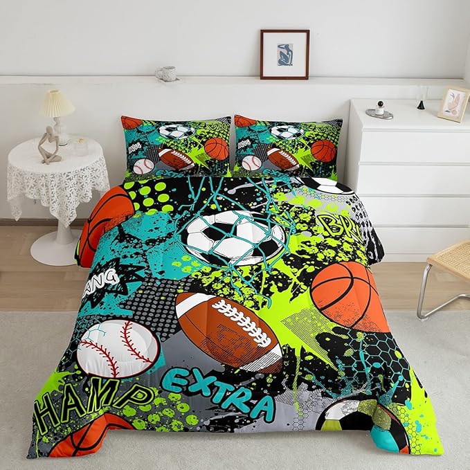 Feelyou Baseball Games Comforter Set Queen Size Football Comforter for Boys Girls Teens Rugby Sports Bedding Set Basketball Duvet Set Room Decor Teal Bright Green Mixed Ball Quilt Set