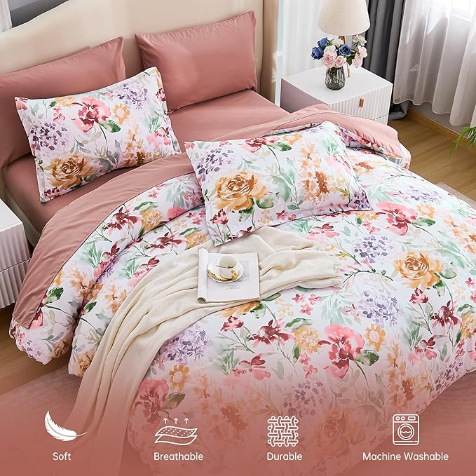 Luxudecor Floral Comforter Set Queen Size 7 Pieces Bed in a Bag, Dusty Rose Pink Flower Watercolor Bed Set, Soft Comforter with Sheet Set 90"x90"