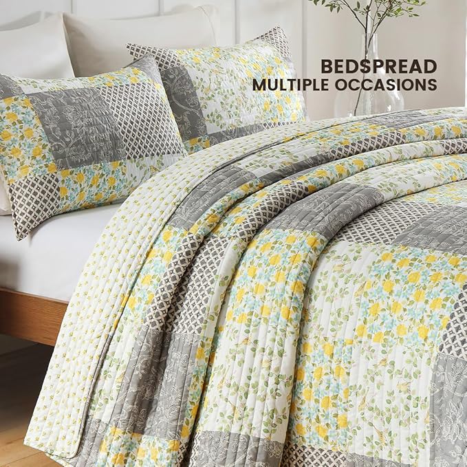 Quilt Set Queen Size Floral Patchwork Quilted, Soft Comforter Set Bedding Sets, Coverlet Bedspread Decorative Quilts with 2 Pillow Shams 90"x90"