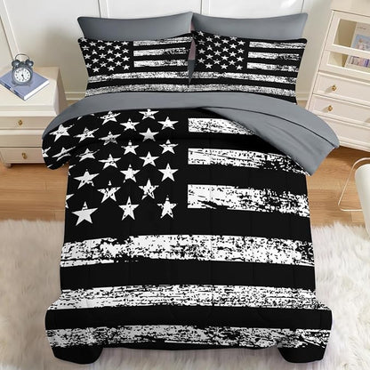 Nesker 7 Pcs Comforter Set Full Size, Black White USA American Flag Bedding Set for Kids and Adults, Vintage Stars Stripes Flags Boys Bed Sheet Sets with Fitted Sheet 2 Pillowcases & 2 Shams
