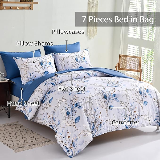 WONGS BEDDING Blue Comforter Set Full, 7 Pieces Botanical l Reversible Bed in a Bag Golden Blue Leaves Bedding Set Soft Microfiber (1 Comforter,2 Pillowcase,2 Pillow Shams,1 Flat Sheet,1 Fitted Sheet)