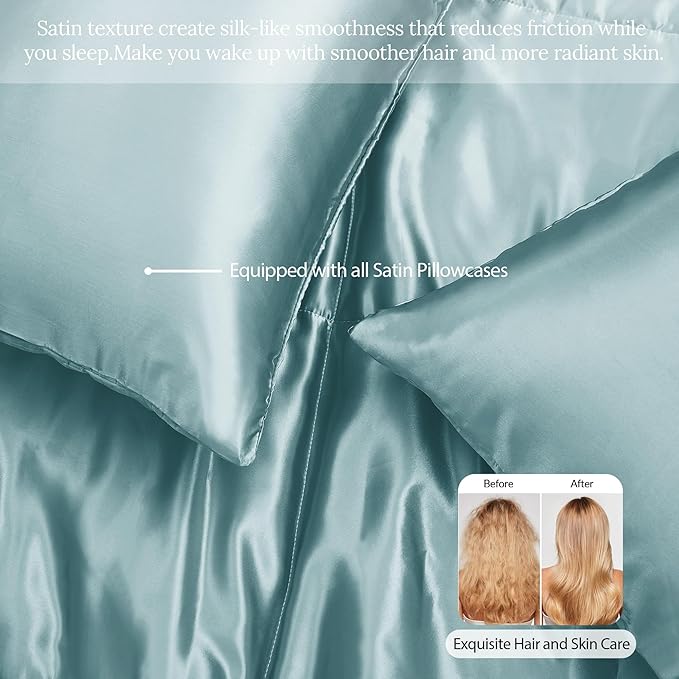 Whale Flotilla 3-Piece Reversible Silky Soft King Size Comforter Bedding Set, Luxurious Satin Comforters Oversized with 2 Satin Pillowcases, Lightweight Duvet for All Seasons, Haze Blue