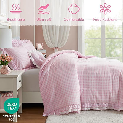 Intelligent Design Rowena Full Comforter Set – Blush Pink Gingham Ruffled Bedding, Vintage Farmhouse Style, Reversible All Season 4-Piece Bedding Set, Full/Queen, Gift for Her