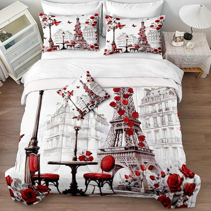 Paris Comforter Set 8 Pcs Red Rose Bedding Set Eiffel Tower Retro France Comforter Red Butterfly Romantic French Bed Comforter Queen Bed in A Bag