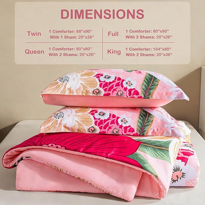 Pink Boho Floral King Comforter Set - 3 Piece Farmhouse Botanical Bedding Comforter Sets for All Season Soft Lightweight Mid Century Modern Bed Set, (1 Reversible Comforter and 2 Pillow Shams