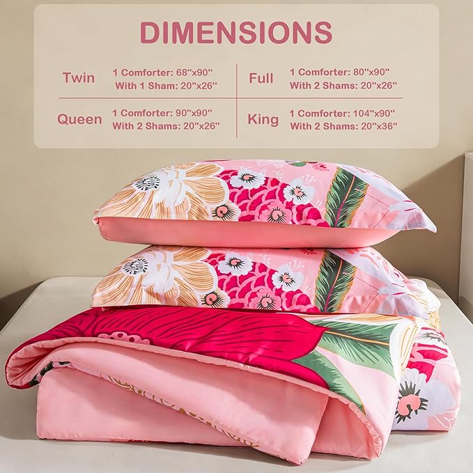 Pink Boho Floral Queen Comforter Set - 3 Piece Farmhouse Botanical Bedding Comforter Sets for All Season Soft Lightweight Mid Century Modern Bed Set, (1 Reversible Comforter and 2 Pillow Shams