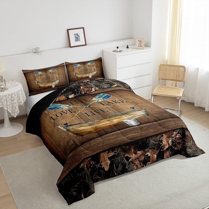 Erosebridal Lake House Comforter Set Toddler Lake Paddle Boat Bedding Set Gifts for Men Women Kids,Rustic Cabin Camo Bedding Comforter Sets Woodland Tree Branch Leaves Camouflage Bed Set 2 Pcs