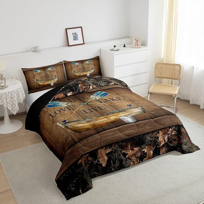 Erosebridal Lake House Comforter Set Twin Lake Paddle Boat Bedding Set Gifts for Men Women Kids,Rustic Cabin Camo Bedding Comforter Sets Woodland Tree Branch Leaves Camouflage Bed Set 2 Pcs