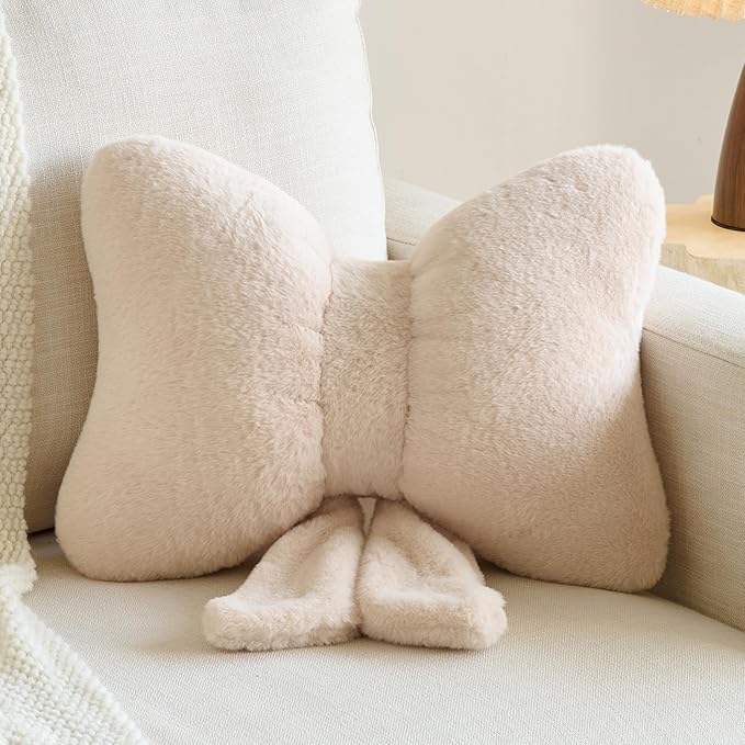 Xuyier Bow Pillows, Bow Shaped Decorative Throw Pillows for Couch Bed, Aesthetic Cute Home Decor Accent Pillows (Beige, Small-12 Inches)