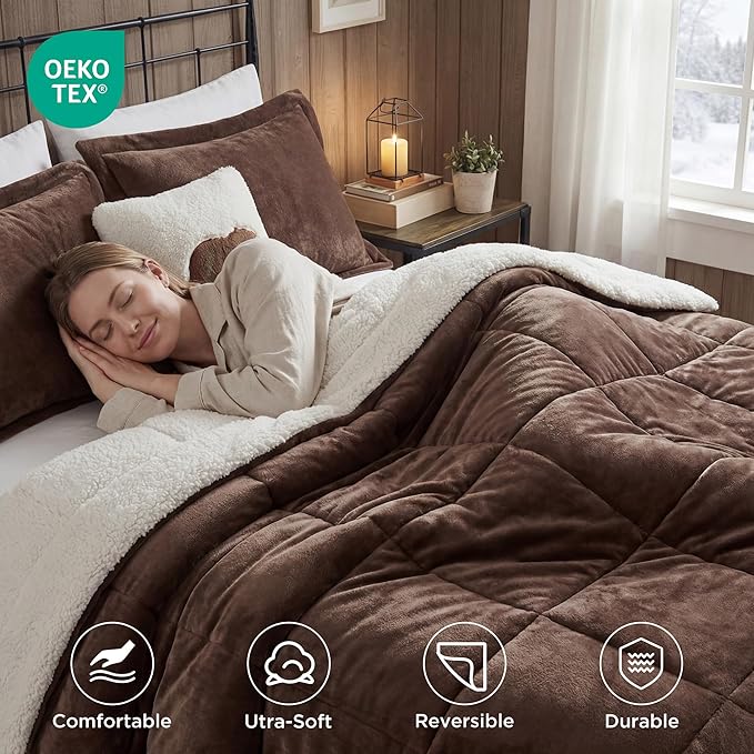 Woolrich Reversible Comforter Set Ultra Soft Plush to Sherpa, Down Alternative, Cold Weather Winter Warm Bedding, with Matching Sham, Decorative Pillow Brown/Ivory King 4 Piece