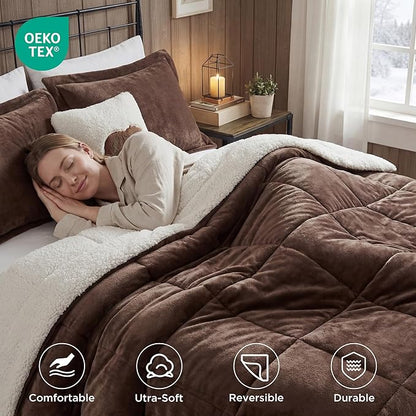 Woolrich Reversible Comforter Set Ultra Soft Plush to Sherpa, Down Alternative, Cold Weather Winter Warm Bedding, with Matching Sham, Decorative Pillow Brown/Ivory Full/Queen 4 Piece