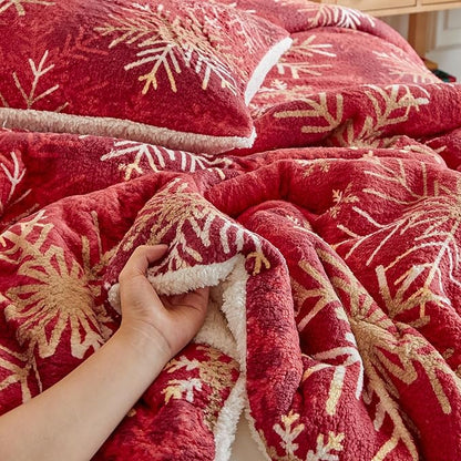 Christmas Sherpa Comforter Set Twin Size 3 Pieces Holiday Red Winter Bedding Microfiber Warm Fleece Comforter with 2 Pillow Shams - Thanksgiving New Year Gift Choice with Gradient Golden Snowflake