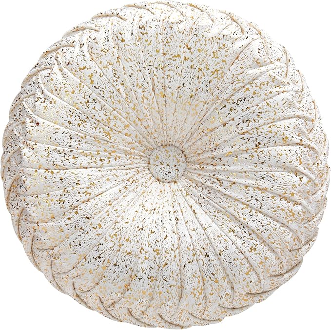 EUCIOR Round Throw Pillows,Gold and White Throw Pillows,Soft Spandex Velvet Fabric,Pumpkin Pleated Handmade White Round Velvet Decorative Pillow for Sofa Bedroom Livingroom