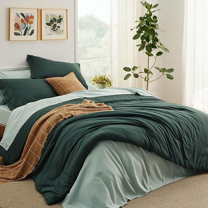 Bedsure Twin Comforter Set - 5 Pieces Forest Green Twin Bedding Set for All Seasons, Boho Contrasting Design Bed in a Bag with Comforter, Sheets, Pillowcase & Sham