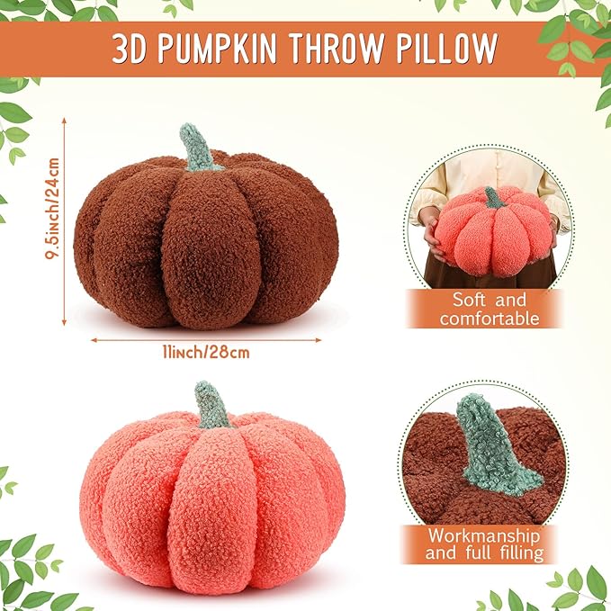 Kajaia 2 Pcs Pumpkin Pillow Plush 11 x 9.5 Inch 3D Cushion Fall Decorations Simulated Stuffed Throw Pillows for Halloween Thanksgiving Bedroom Sofa Couch Supplies (Orange,Brown)