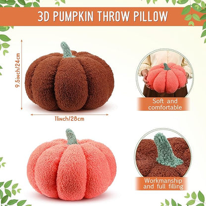 Kajaia 2 Pcs Pumpkin Pillow Plush 11 x 9.5 Inch 3D Cushion Fall Decorations Simulated Stuffed Throw Pillows for Halloween Thanksgiving Bedroom Sofa Couch Supplies (Orange,Brown)