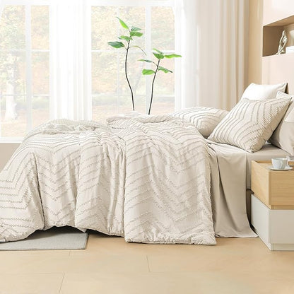 Litanika Twin XL Comforter Set Beige - Boho Tufted Shabby Chic Bed in a Bag for College Dorm, 5 Pieces Cream Fluffy Soft Farmhouse Bed Set for All Seasons