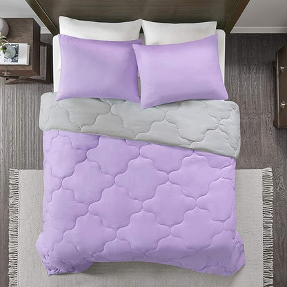 Comfort Spaces Vixie Reversible Comforter Set - Trendy Casual Geometric Quilted Cover, All Season Down Alternative Cozy Bedding, Matching Sham, Lavendar/Gray, Twin/Twin XL 2 piece