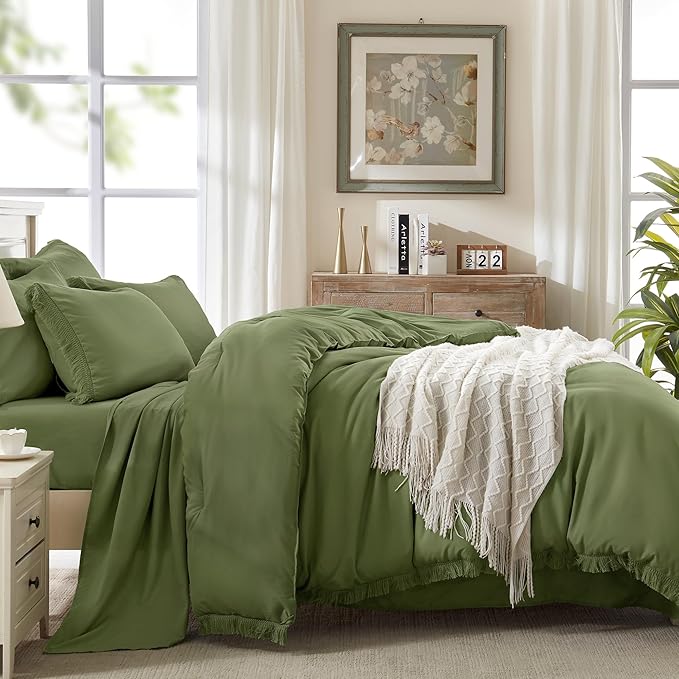Andency Full Size Comforter Set with Sheets Olive Green -7 Pieces Bed in a Bag Boho Tassel Bedding Sets, All Season Fringe Bed Set with Comforter, Sheets, Pillowcases & Shams