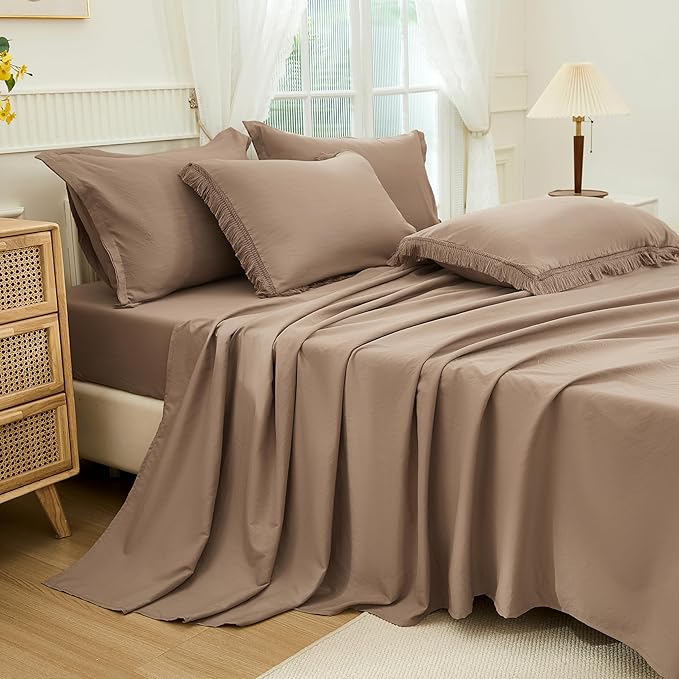 Andency Taupe Full Size Comforter Set with Sheets - 7 Pieces Boho Tassel Bed in a Bag Soft Lightweight Bedding Sets, Taupe Fringe Bed Set with Comforter, Sheets, Pillowcases & Shams
