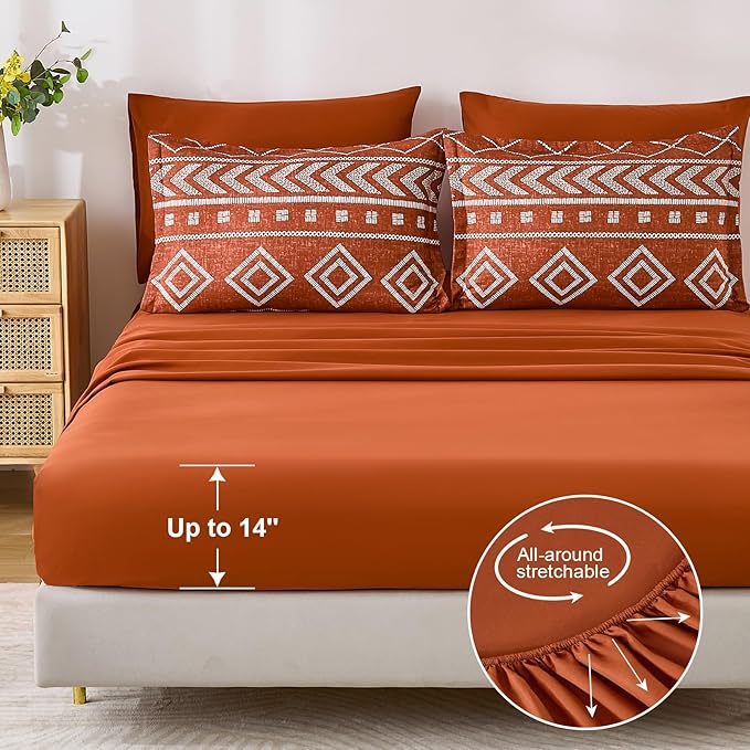Yiran Burnt Orange Comforter Set Queen Size, 7 Piece Terracotta Fall Boho Bedding Set, Geometric Bed in a Bag Queen, Soft Microfiber Bohemian Striped Complete Bedding Set with Sheets for All Season