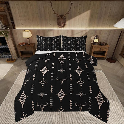 Feelyou Rustic Western Bedding Set Full Size Kids Western Tribal Bull Skull Comforter Adult Black Brown Boho Ethnic Aztec Cow Pattern Comforter Set