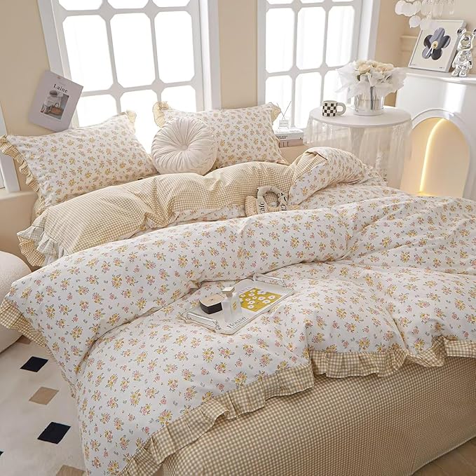MKXI Full Size Pink & Yellow Floral Ruffled Comforter Set - 3 Piece Cottagecore Style Reversible Bed Set with Beige Plaid Pattern, Soft Aesthetic Bedding Set for Girls Wome