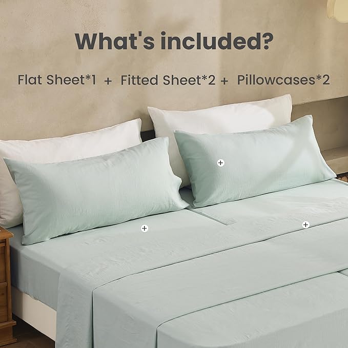 Simple&Opulence Belgian Linen Sheet Set Solid Color - 5 Pieces (1 Flat Sheet, 2 Fitted Sheets & 2 Pillowcases) Natural Flax Cotton Blend Soft Breathable Farmhouse Bedding - Split King Size, Mint Green