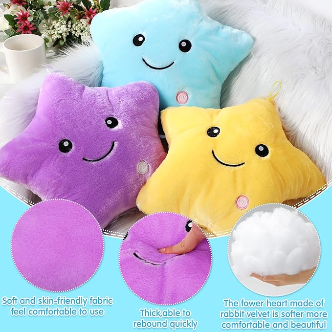 Unittype 3 Pack Star Throw Plush Pillows 15.75 Inch Stuffed Cushion Decorative Smile Face Star Shaped Throw Pillow Blue Violet Yellow for Bedroom Room Bed