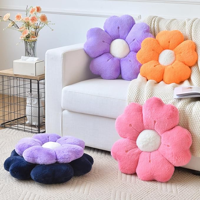 Flower Pillow, Flower Shaped Pillow Decorative Throw Pillows for Bed Couch, Cute Daisy Pillow Dorm Decor Floor Seating Cushion (Navy Blue, 19.6 Inches)