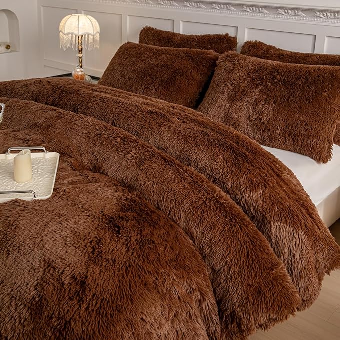 chovy Faux Fur Plush Coffee Comforter Sets King - Ultra Soft Shaggy Flannel Velvet Fluffy Fuzzy 3PC Bedding Set （Comforter x 1 Pillowcases x 2）