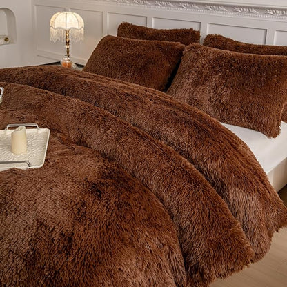 chovy Faux Fur Plush Coffee Comforter Sets Twin/Full Size - Ultra Soft Shaggy Flannel Velvet Fluffy Fuzzy 3PC Bedding Set （Comforter x 1 Pillowcases x 2）