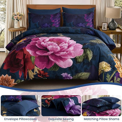 WONGS BEDDING Blue Comforter Set Queen Size Floral, 7 Pieces Bed in a Bag Set, Navy Blue and Pink Flower Bedding Set, Soft Microfiber for All Season with Pillowcases & Shams,Sheets(90"×90")