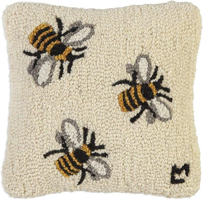 Chandler 4 Corners Artist-Designed Three Bees Hand-Hooked Wool Decorative Throw Pillow (14 in x 14 in) Farm & Garden Pillow for Couches & Beds - Low Maintenance Nature Garden Honey Bee Pillow