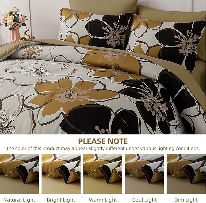 Anibedding 7 Pieces Floral Comforter Set King Size, Brown Black Flower Bedding Set Botanical Bed in a Bag Soft Microfiber Comforter Set with Sheets for All Season