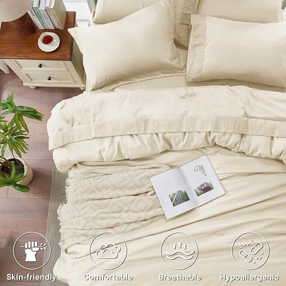 Anluoer Cream Twin Comforter Set 5 Pieces, Bed in a Bag with Sheets, All Season Bedding Sets with 1 Comforter, 1 Pillow Sham, 1 Pillowcase, 1 Flat Sheet, 1 Fitted Sheet