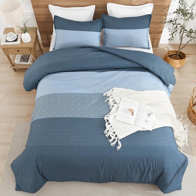 Litanika Haze Blue Comforter Set Oversized King - 3 Pieces Lightweight Dark Grey Colorblock Stripe Fluffy Bedding Comforter Sets, All Season Bed Set