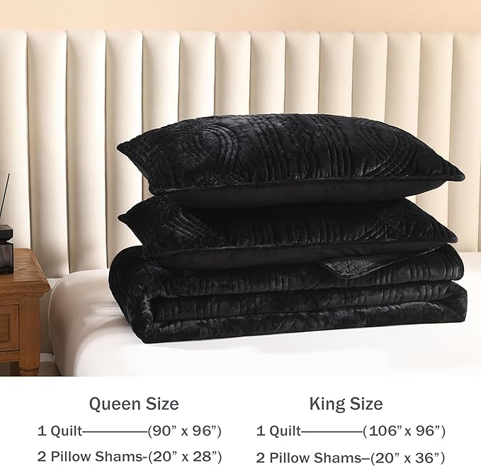 Homzard Velvet Quilt Set Queen Size, Black Velvet Comforter Set, Bedspread Coverlet Quilted Bedding Set,for All Season