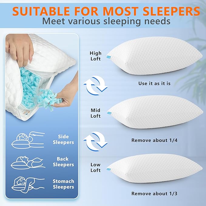 Cooling Pillows Standard Size Set of 2, Memory Foam Pillows with Zipper, Firm Bed Pillows Adjustable for Hot Side Back Stomach Sleepers