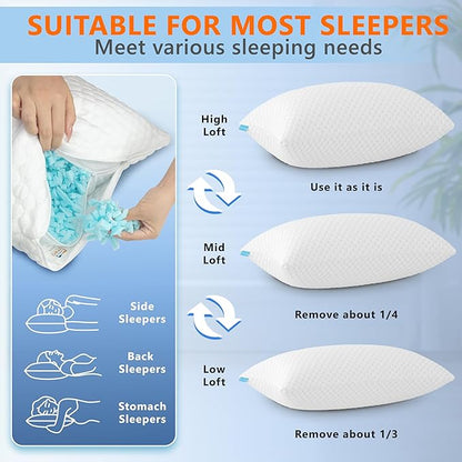Cooling Pillows Queen Size Set of 2, Memory Foam Pillows with Zipper, Firm Bed Pillows Adjustable for Hot Side Back Stomach Sleepers