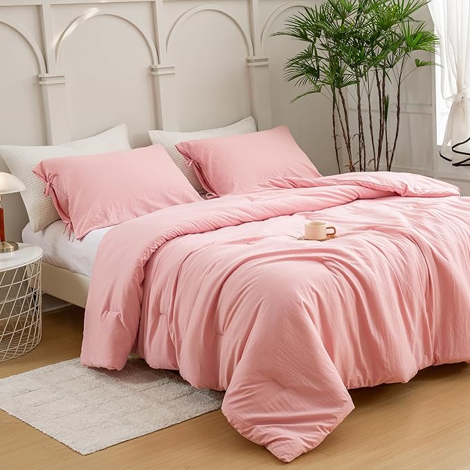 Blush Light Pink Comforter Set Queen, Super Soft Washed Polycotton Fabric, Cozy Comfy Down Alternative Bedding Blanket Comforter Set and Pillowcase Lightweight but Warm for Women All Seasons