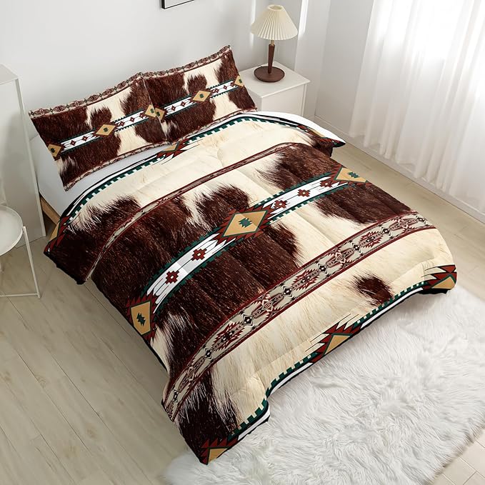 Bohe Cowhide Comforter Set, King Size, Brown and White Fur, Animal Print Bedding Sets 3PCS, Soft Microfiber, All Season (1 Comforter & 2 Pillowcases)
